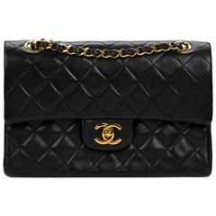 Chanel Black Quilted Lambskin Vintage Small Classic Double Flap Bag 1980s 