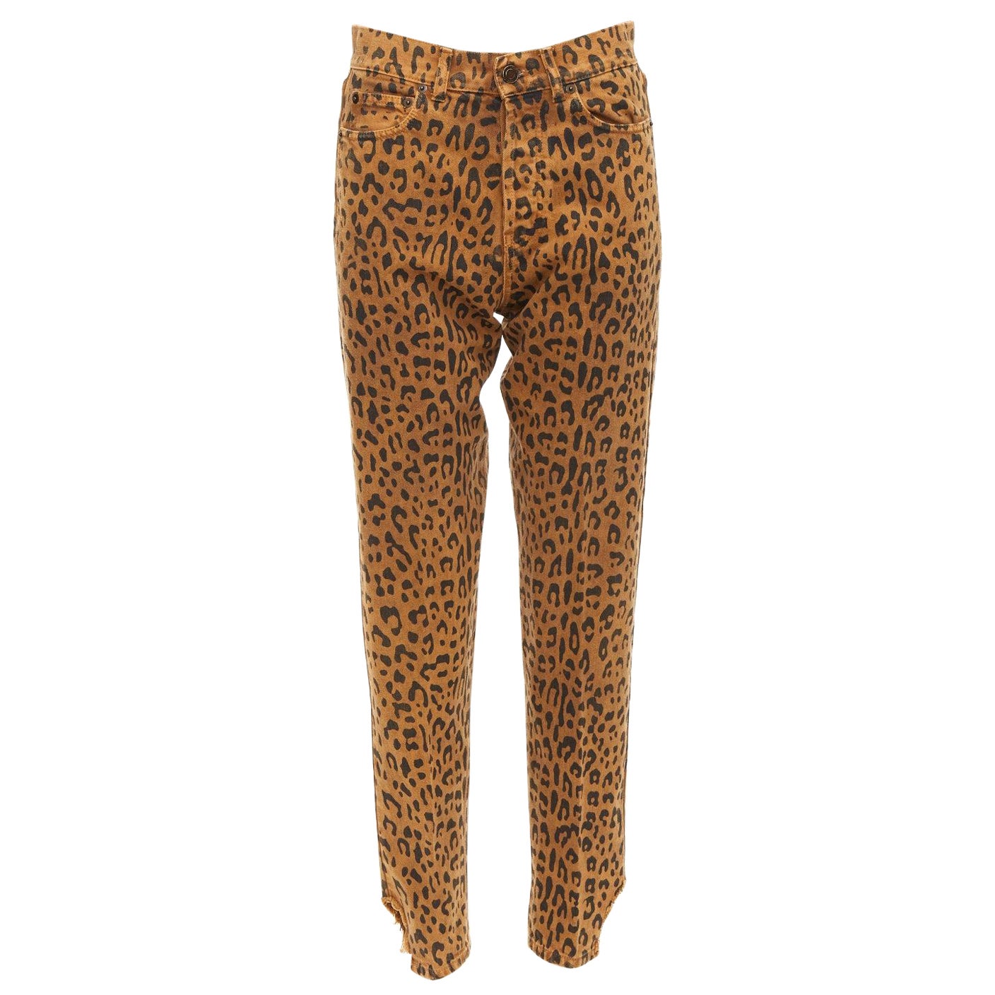 SAINT LAURENT 2018 Brown lopard animal print distressed hem jeans 27"