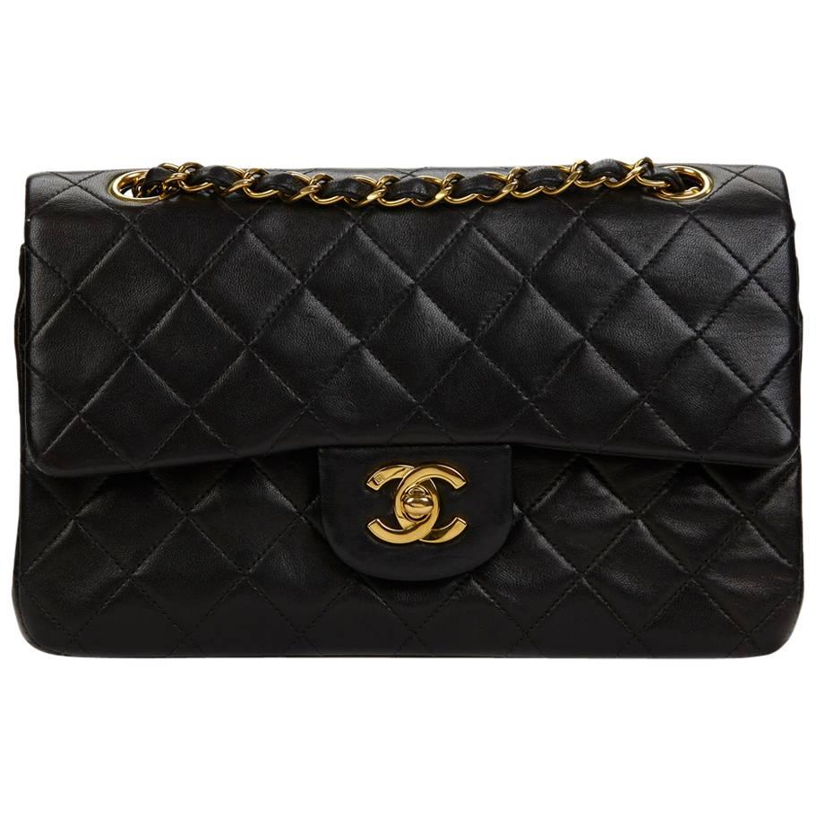 1990s Chanel Black Quilted Lambskin Vintage Small Classic Double Flap Bag