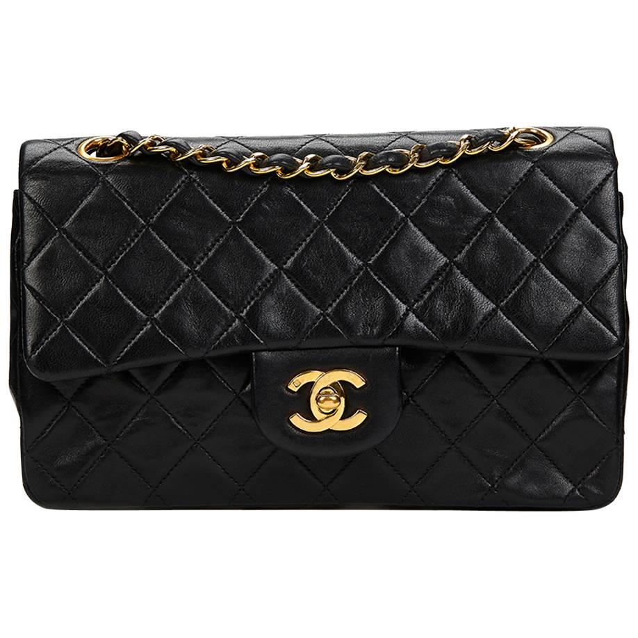 Chanel Black Quilted Lambskin Vintage Small Classic Double Flap Bag 1990s 