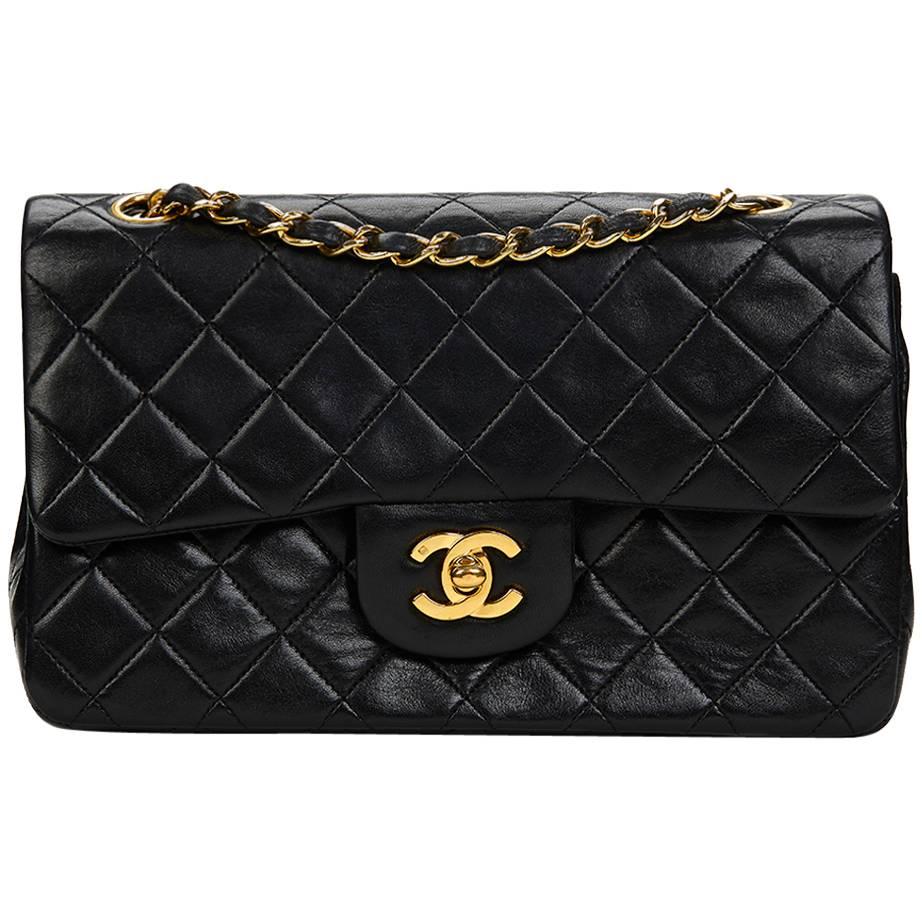 Chanel Black Quilted Lambskin Vintage Small Classic Double Flap Bag 1990s 