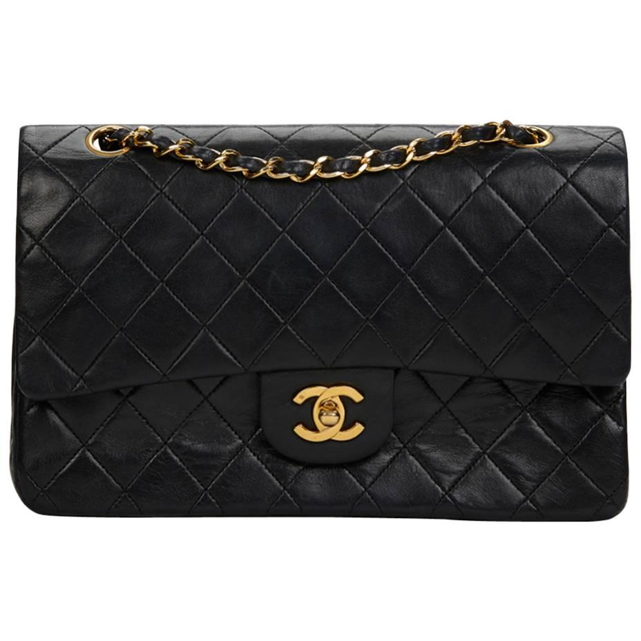 Chanel Black Quilted Lambskin Vintage Medium Classic Double Flap Bag 1980s 