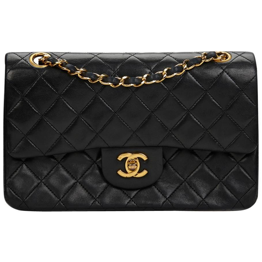 Chanel Black Quilted Lambskin Vintage Small Classic Double Flap Bag 1990s 