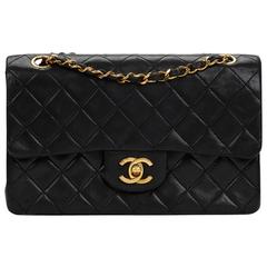 1980s Chanel Black Quilted Lambskin Vintage Small Classic Double Flap Bag
