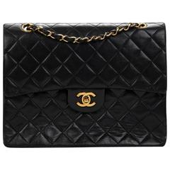 1990s Chanel Black Quilted Lambskin Vintage Medium Tall Classic Double Flap Bag