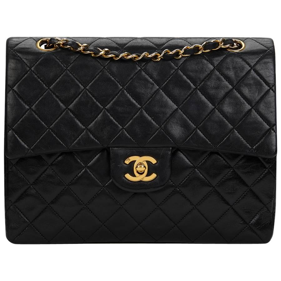 1990s Chanel Black Quilted Lambskin Vintage Medium Tall Classic Double Flap Bag