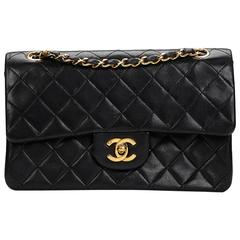 1980s Chanel Black Quilted Lambskin Vintage Small Classic Double Flap Bag 12