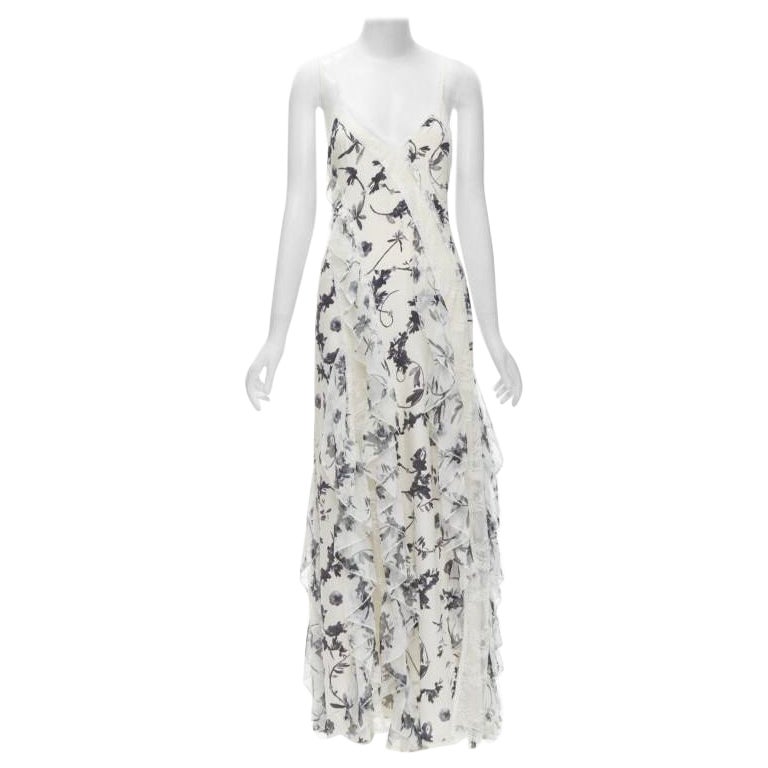 ALICA OLVIA Floral Crown 100% silk printed lace trim ruffle maxi dress US6 M For Sale