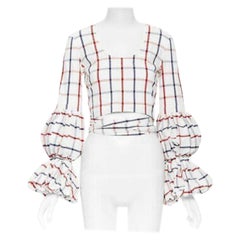 ROSIE ASSOULIN 2018 top con mangas abullonadas de seersucker a cuadros blancos US0 XS