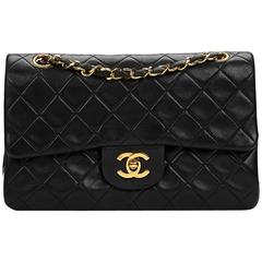 Chanel Black Quilted Lambskin Vintage Small Classic Double Flap Bag 1990s 