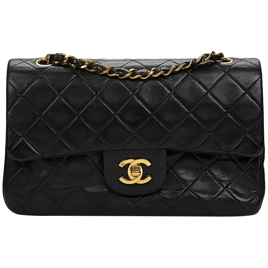 Chanel Black Quilted Lambskin Vintage Small Classic Double Flap Bag 1990s 