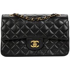 1990s Chanel Black Quilted Lambskin Vintage Small Classic Double Flap Bag