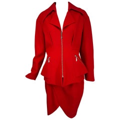 Thierry Mugler Rot Wolle Breite Revers Nip Taille Jacke & Rock Set Silber Hardware