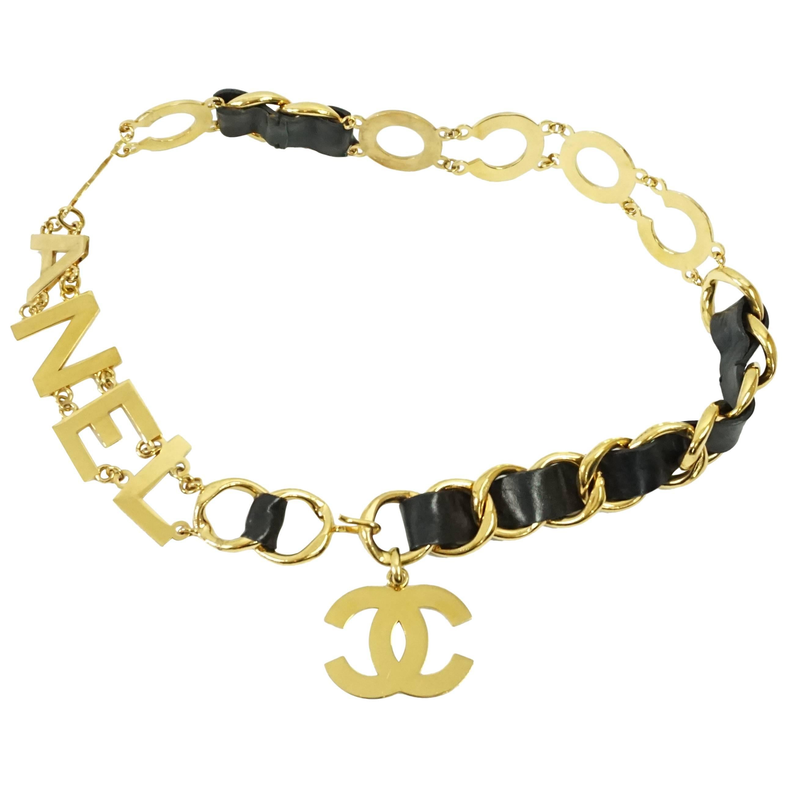 Chanel Black Leather and Goldtone "Coco Chanel" Belt with Hanging CC-circa 92