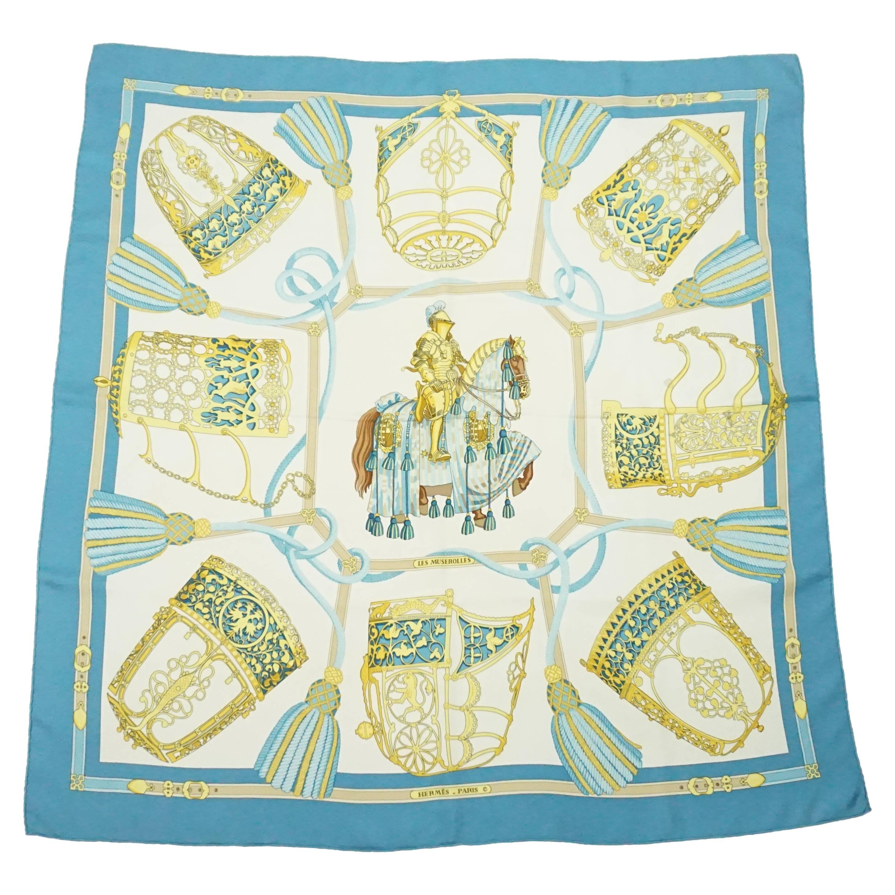 Hermes Ivory, Gold, and Blue "Les Muserolles" Knight Print Scarf 