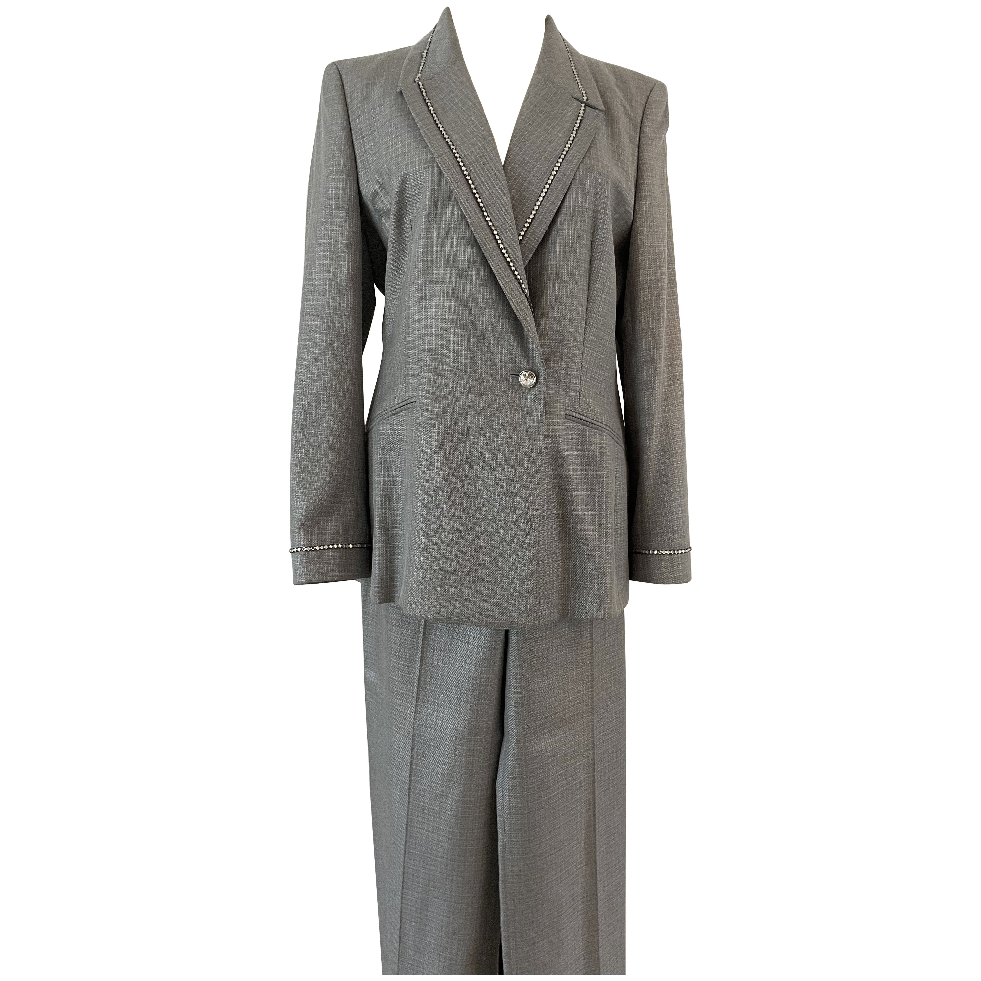 Escada Vintage Suit Rhinestones Blazer Trousers Skirt Wool Silk For Sale