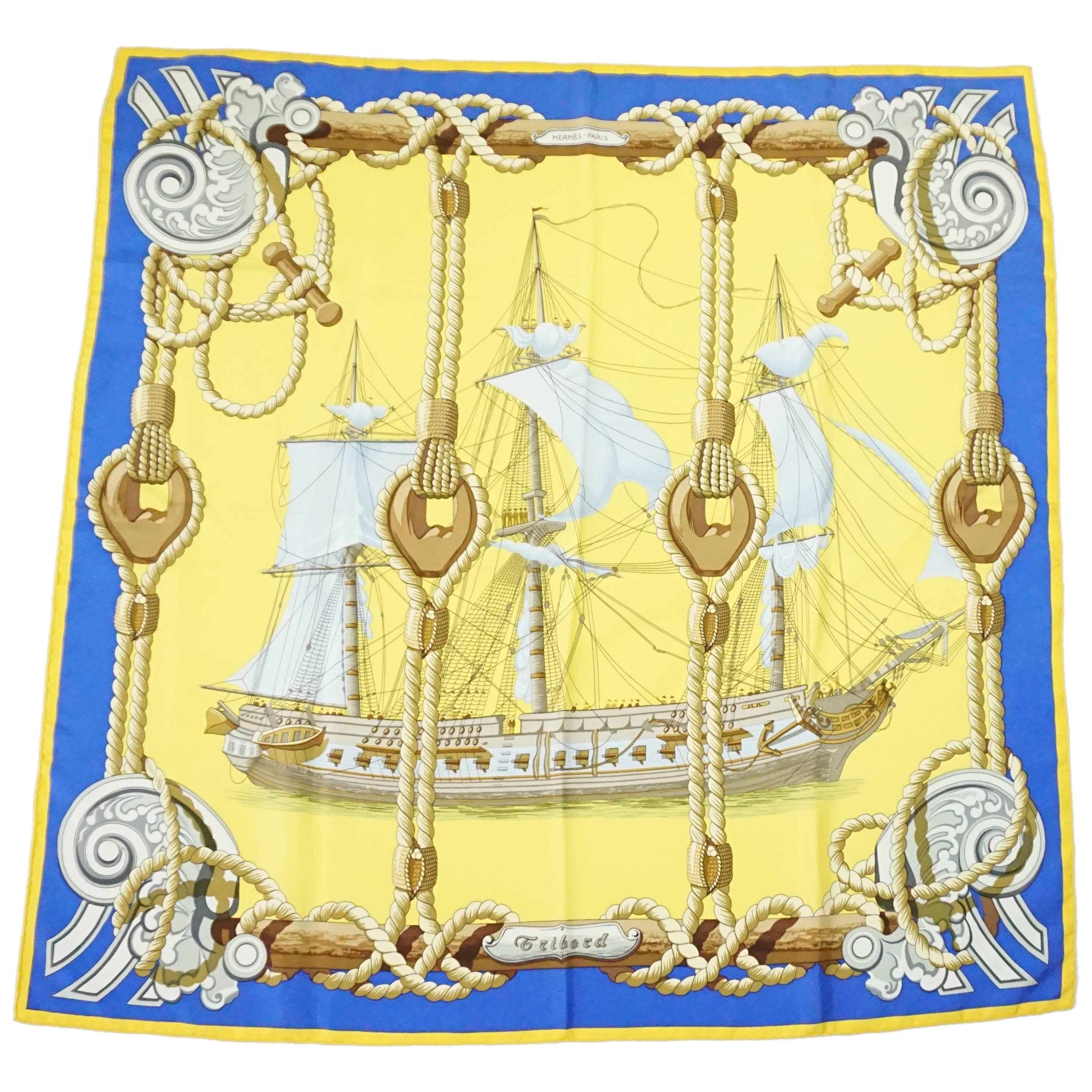 Hermes Vintage Yellow and Blue "Tribord" Ship Print Silk Scarf