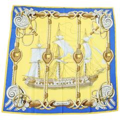 Hermes Vintage Yellow and Blue "Tribord" Ship Print Silk Scarf