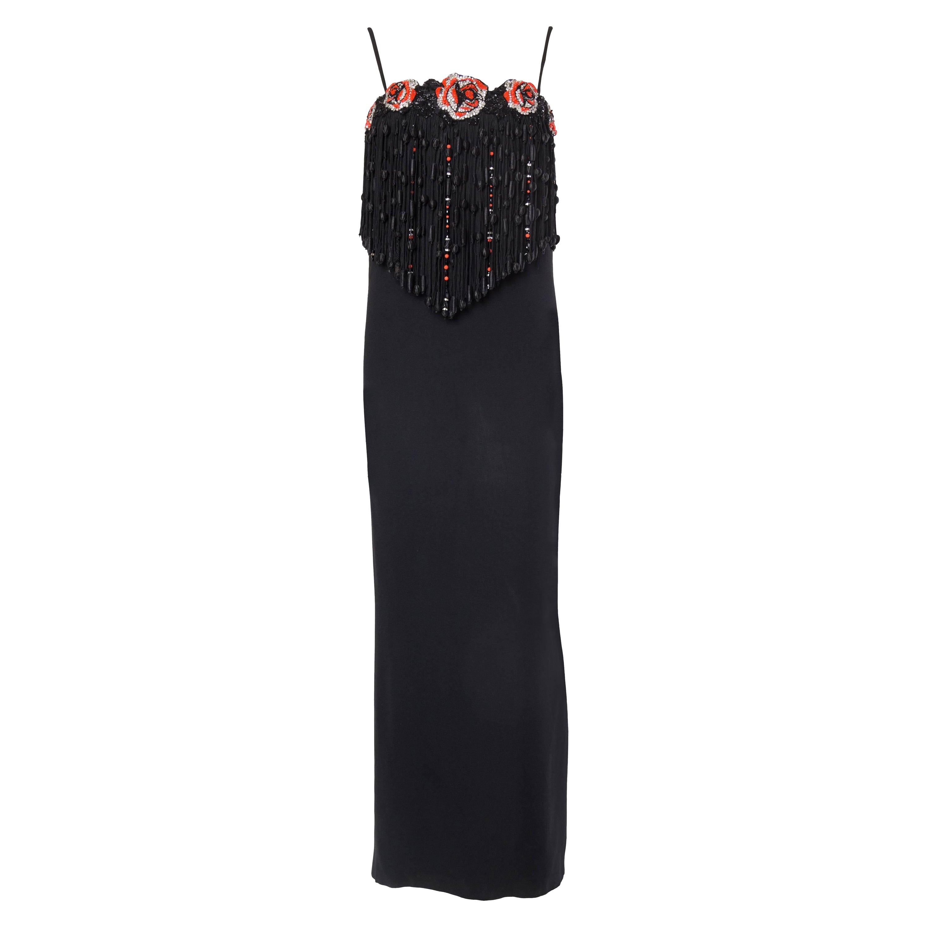 1970S VALENTINO Black Silk Crepe Gown With Beaded Crystal Roses & Epic Passemen For Sale