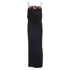 1970S VALENTINO Black Silk Crepe Gown With Beaded Crystal Roses & Epic Passemen