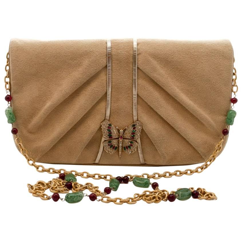 Martin Van Schaak Light Camel Suede Butterfly Clasp and Jewelled Bag, 1960s  For Sale