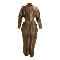 Spectacular 1940s Film Noir Gold/Black Checked Sateen Cocktail Dress w Hip Drape