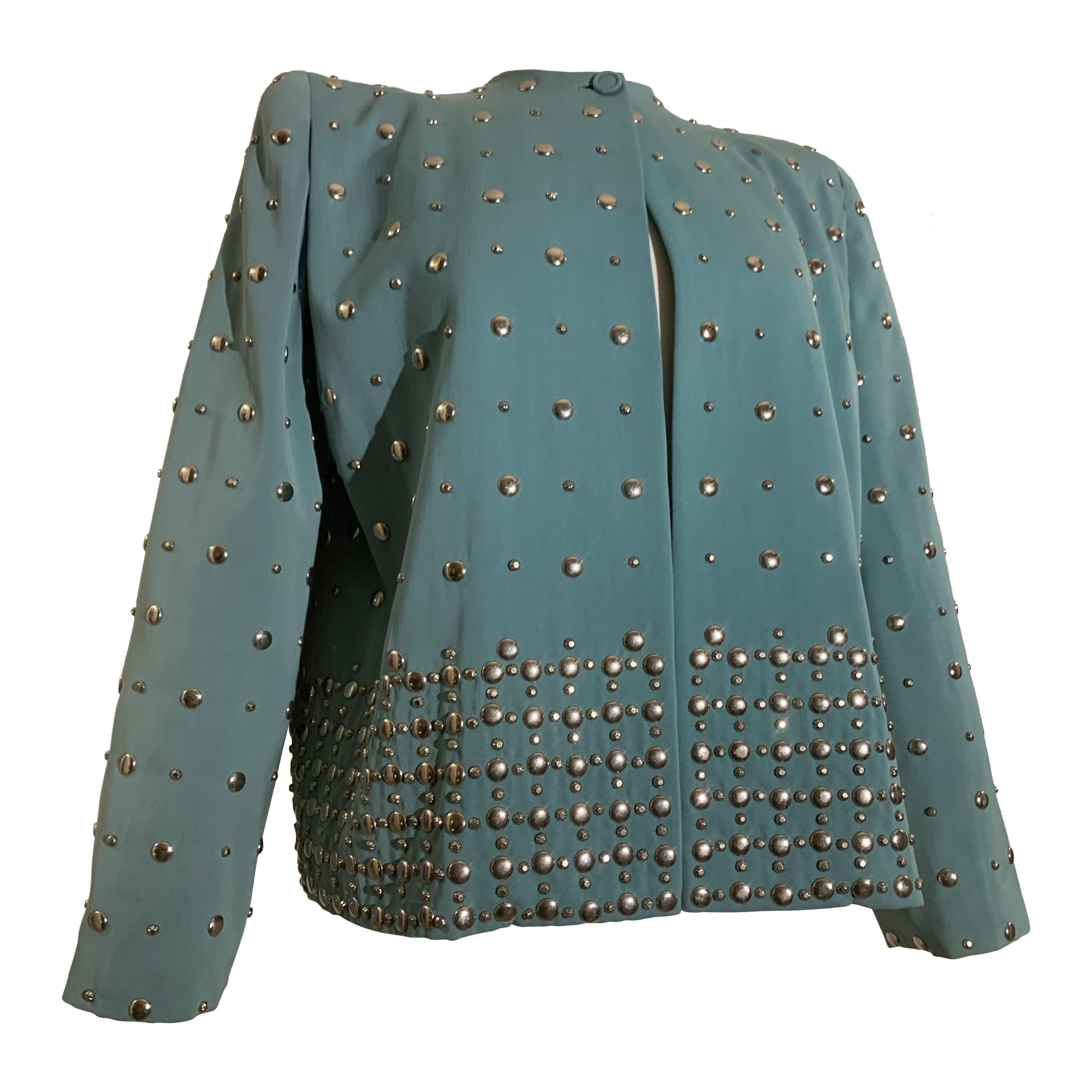 Fred Block - Veste à épaules dénudées et cloutée en gabardine de laine vert menthe des années 1940 en vente