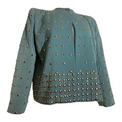 1940s Fred Block Mint Green Wool Gabardine Chrome-Studded Strong-Shoulder Jacket