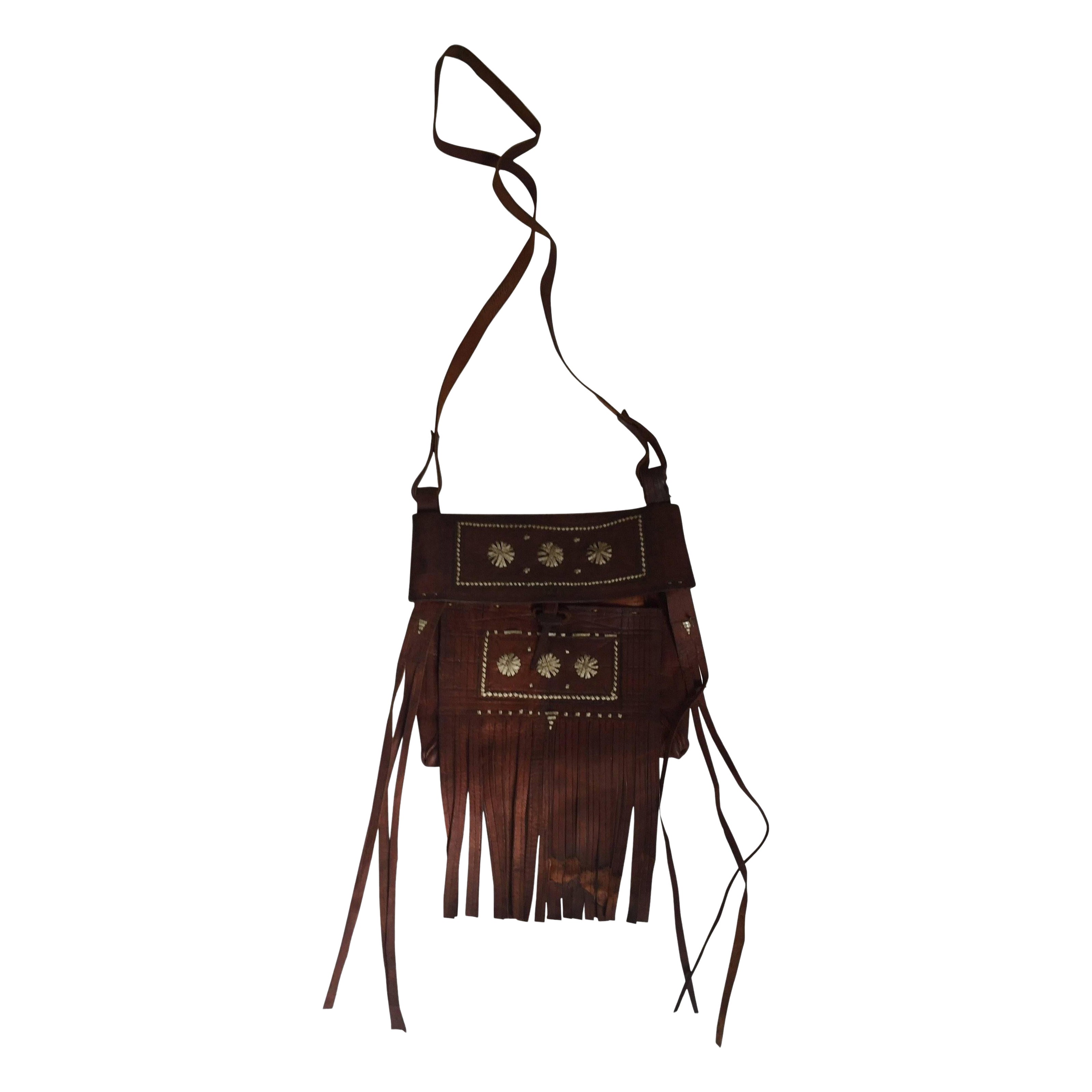 Moroccan Leather African Tuareg Crossbody Bag with Fringes 1970 For Sale