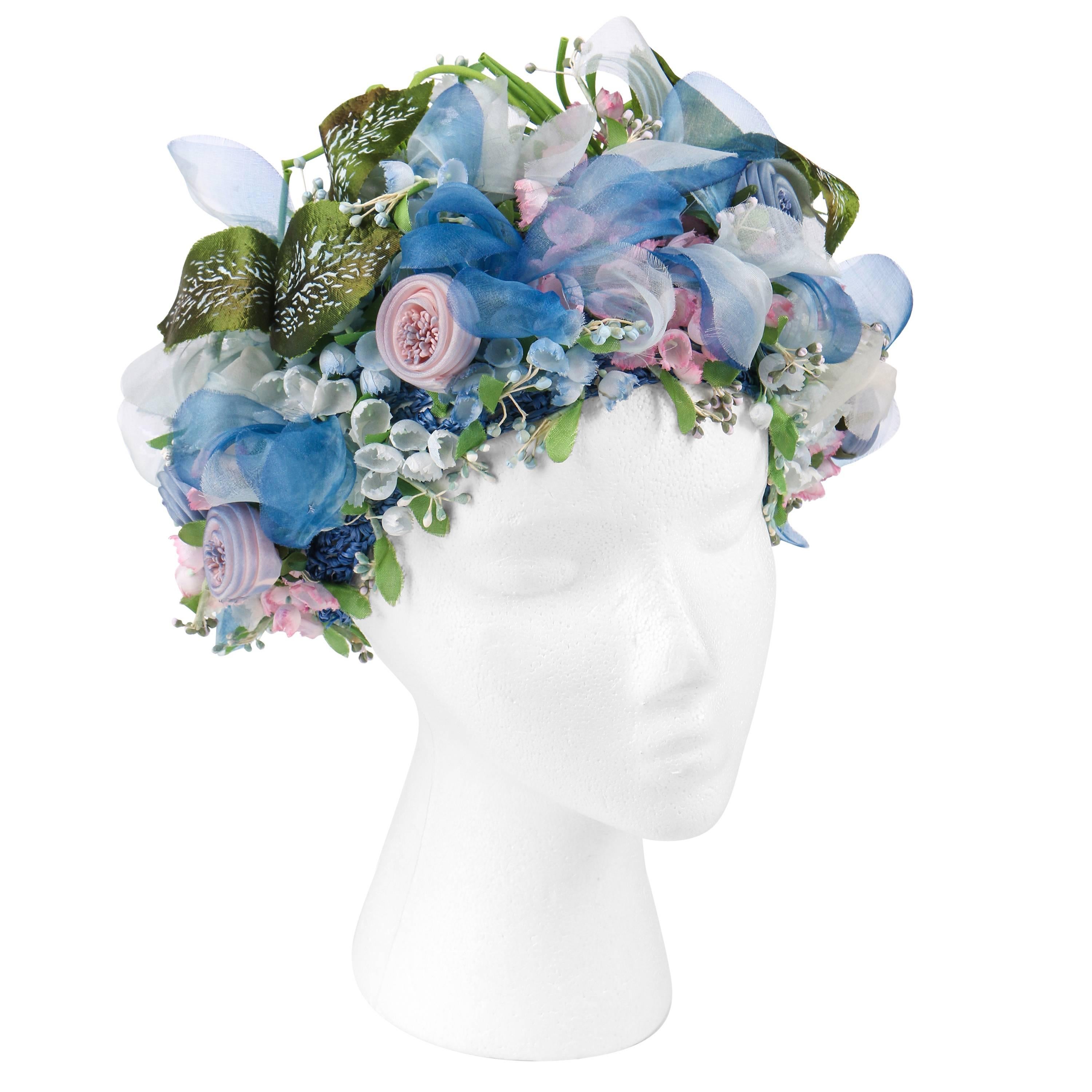 Miss Dior By CHRISTIAN DIOR c.1960's Light Blue Silk Floral Capulet Flower Hat