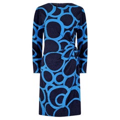 Vestido de seda jacquard azul marino y turquesa Louis Feraud, años 80