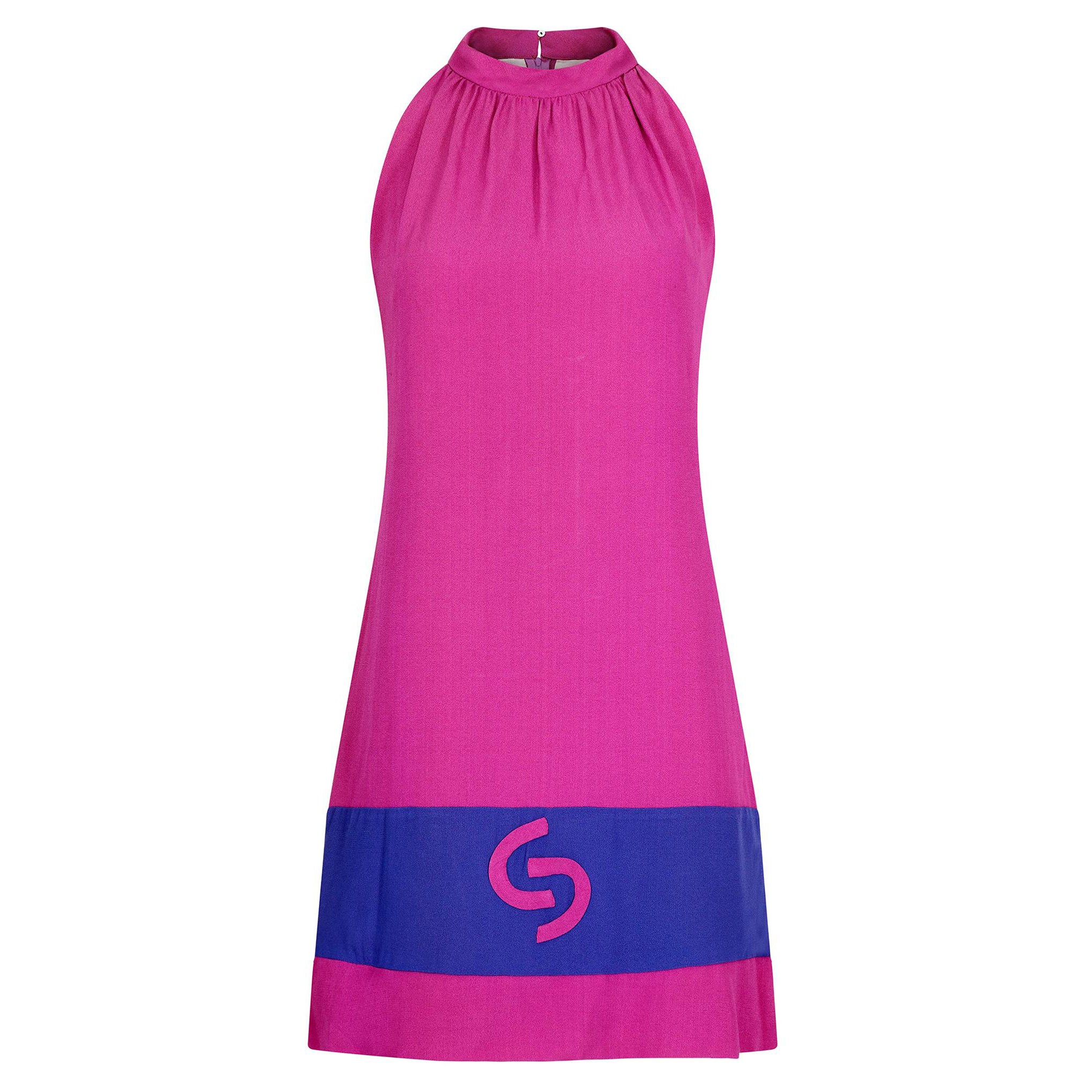 1960s French Crepe Pink & Purple Trapeze Dress For Sale