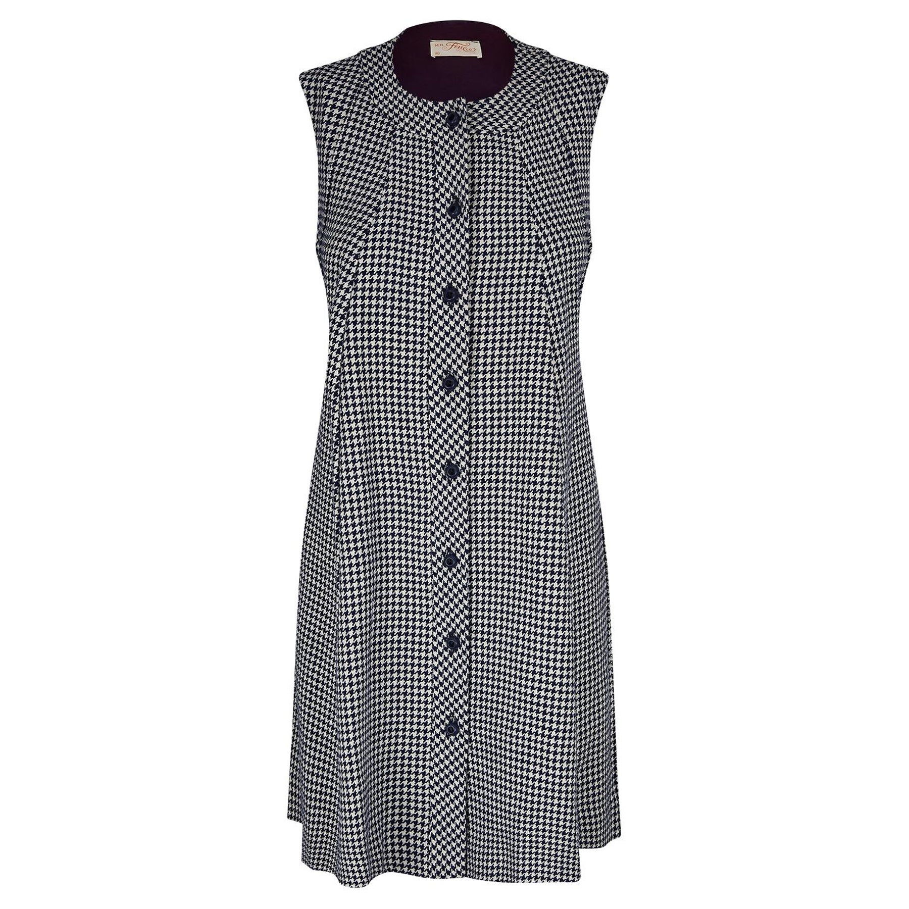 1960 - Robe trapèze en laine à carreaux pied-de-poule, marine et blanche
