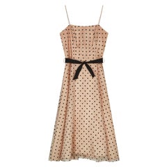 1970s Peach and Black Velvet Polka Dot Dress