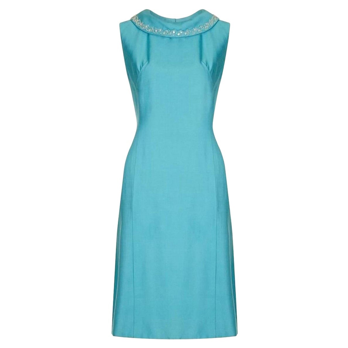1960s Turquoise Linen Mod Dress With Beaded Collar For Sale