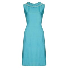 1960s Turquoise Linen Mod Dress With Beaded Collar