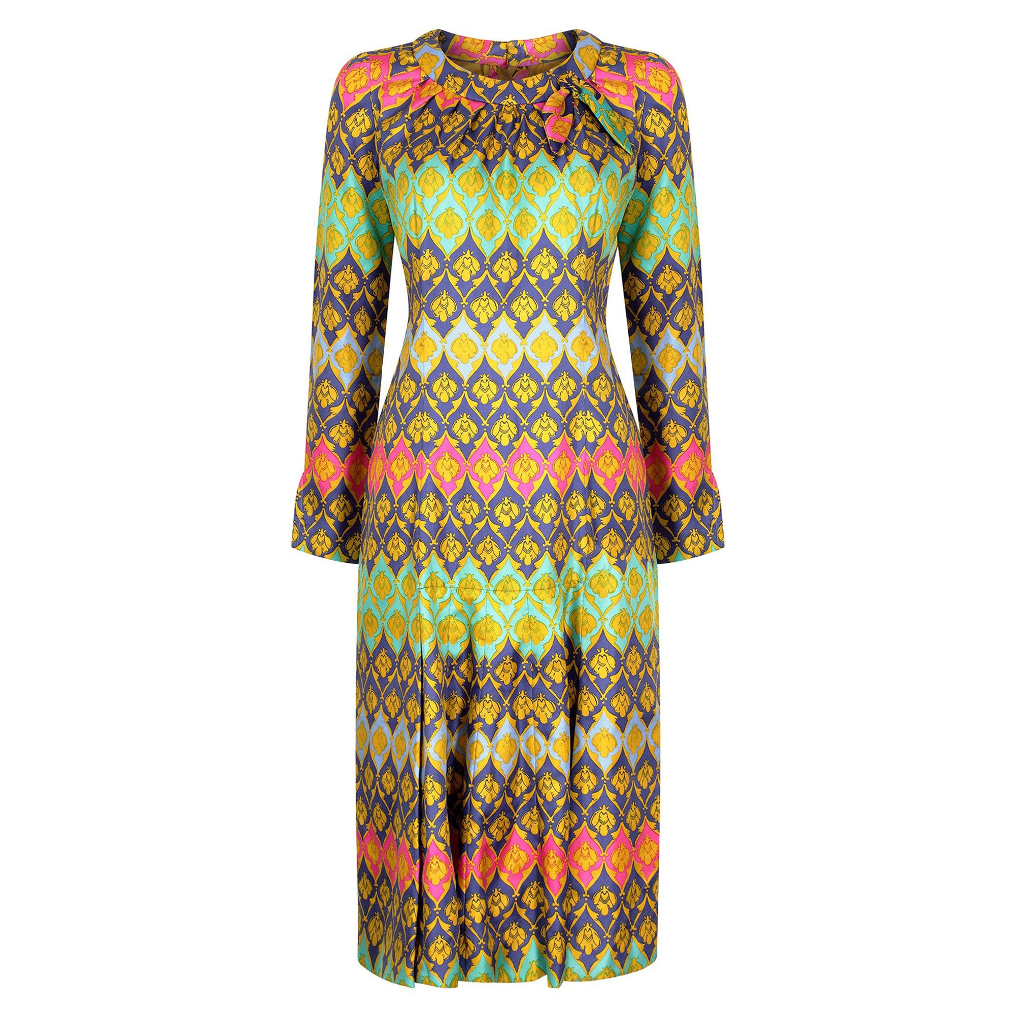 1960s Lachasse Bee Pattern Silk Dress For Sale