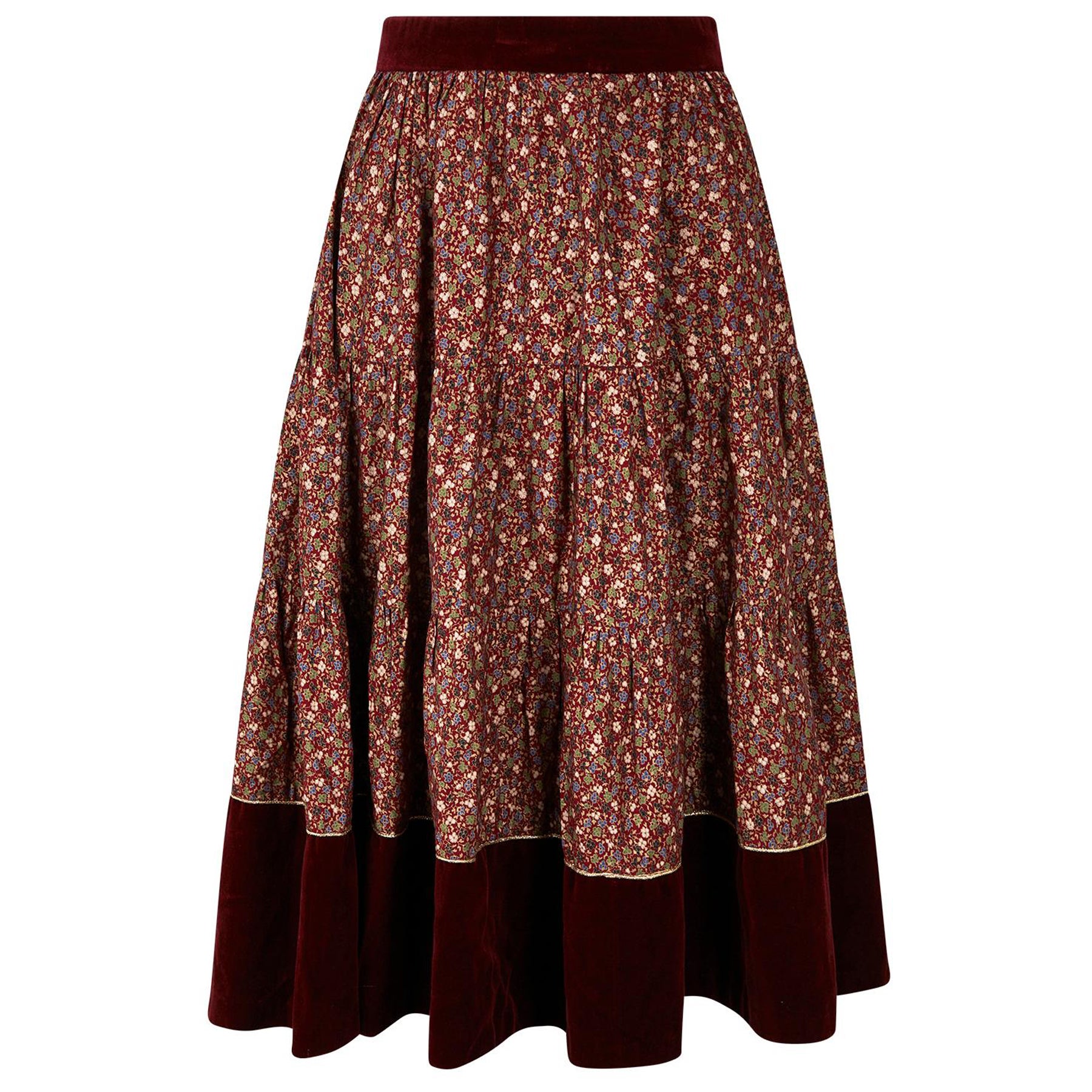 1970s Marion Donaldson Liberty Print Red Floral Cotton & Velvet Skirt For Sale