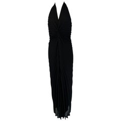 Joseph Ribkoff Black Crepe Plunge V Neckline Sunburst Pleat Halter Neck Dress 6