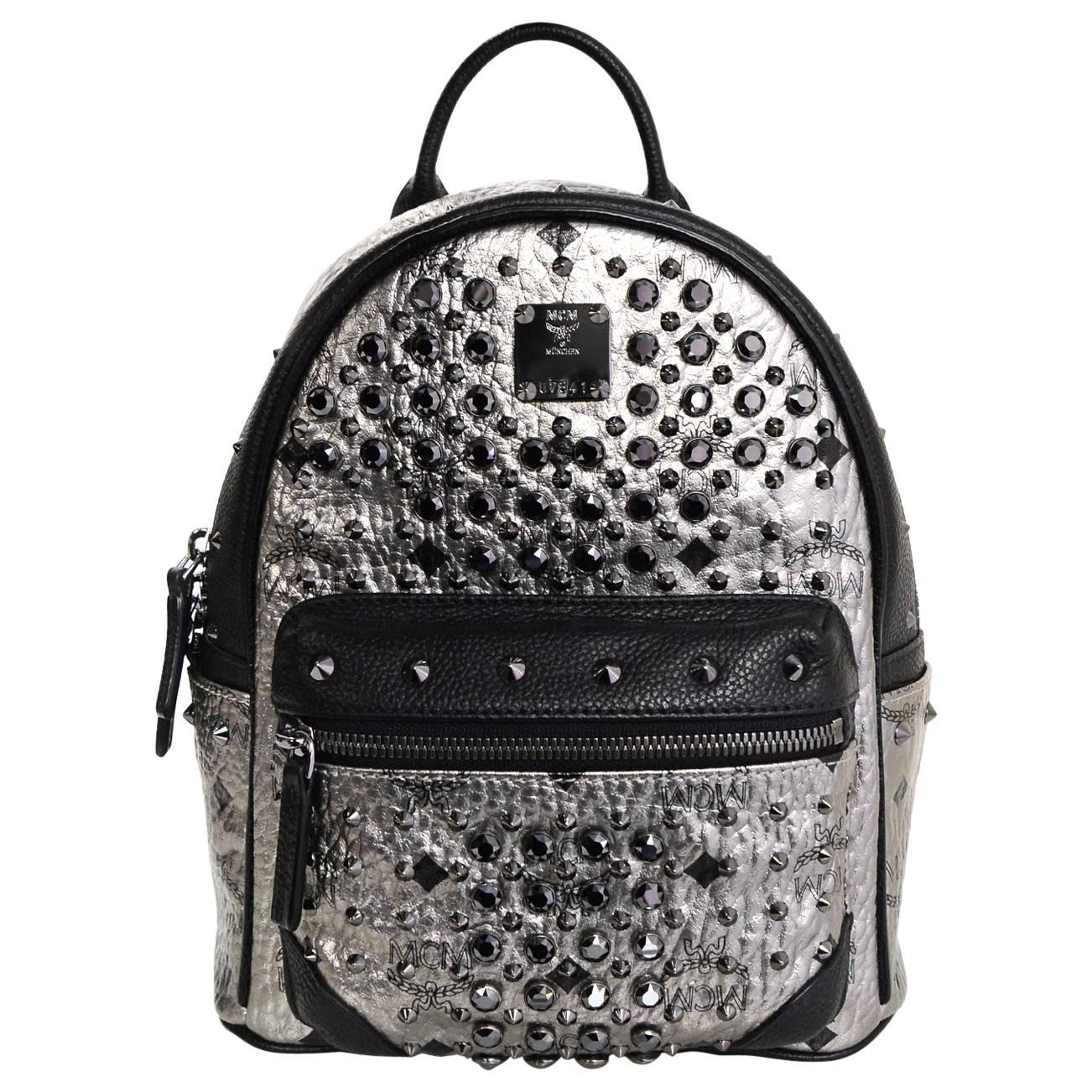 MCM Silver Canvas Monogram Black Crystal Studded Mini Backpack Bag