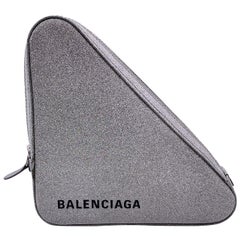 Balenciaga Silver Glitter Logo Print Triangle Clutch Bag Pochette