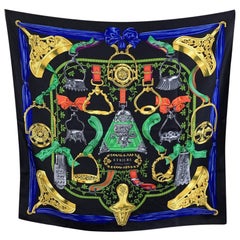 Hermes Vintage Schwarzer Seidenschal Etriers 1964 Francoise de la Perriere