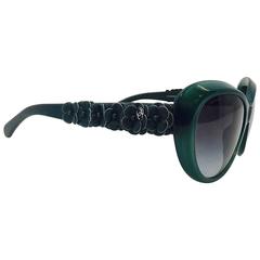 Chanel Hunter Green Camellia Butterfly Sunglasses With Quilted Leather Case