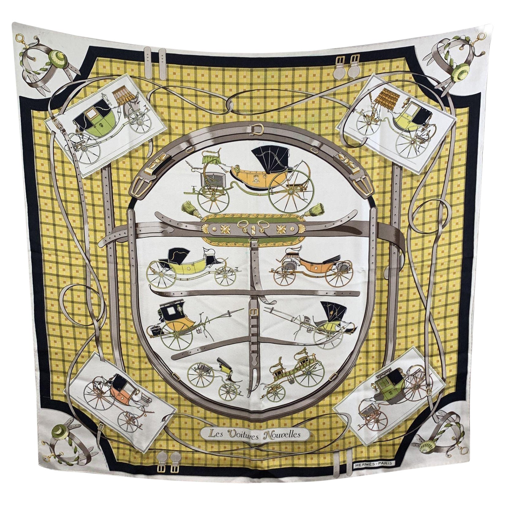 Hermes Vintage Silk Scarf Les Voitures Nouvelles by Jacques Eudel 1961 For Sale