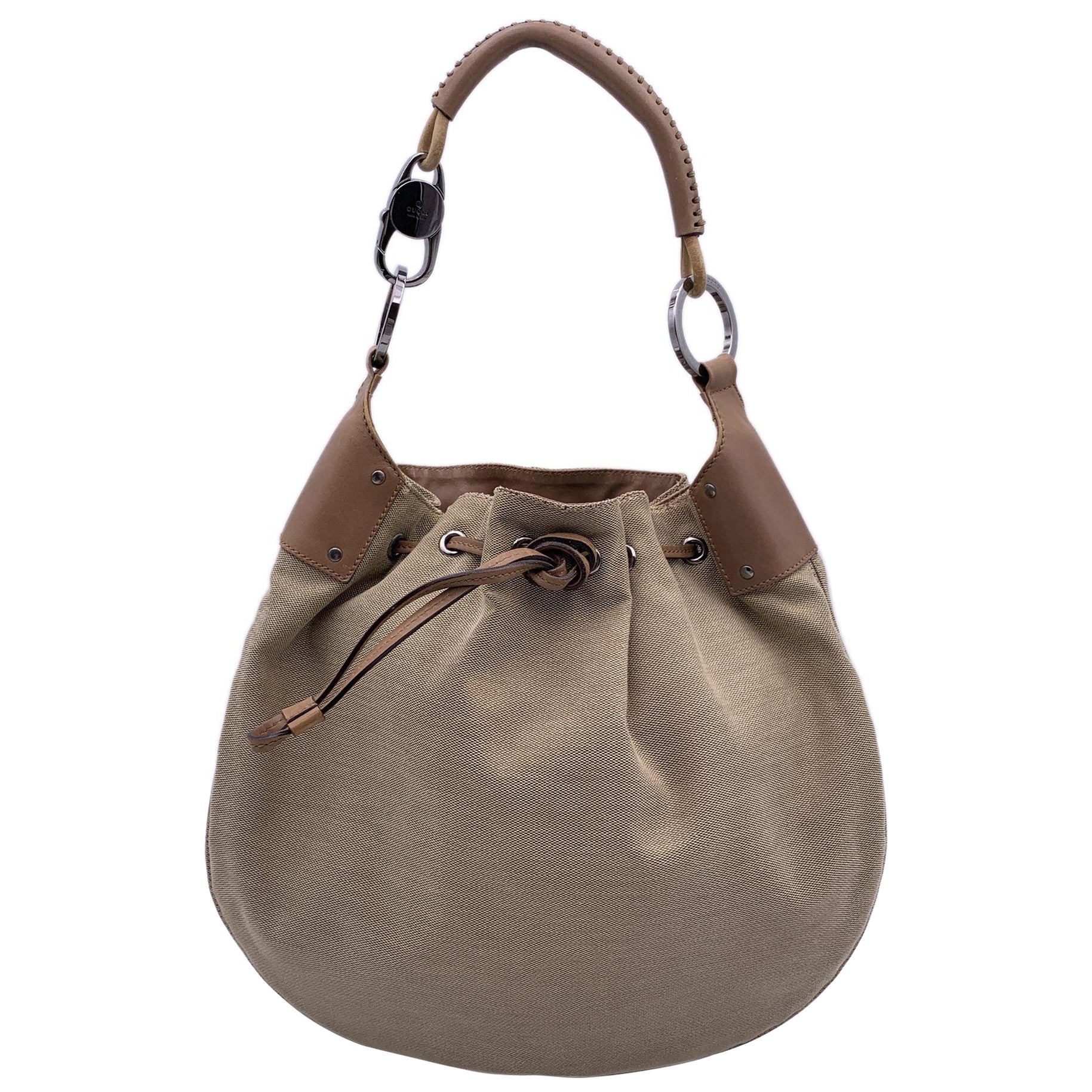 Gucci Beige Canvas Leather Drawstring Hobo Bag Shoulder Bag Tote For Sale