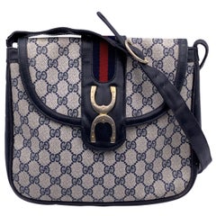 Gucci Vintage Blue Monogram Canvas Horseshoes Shoulder Bag