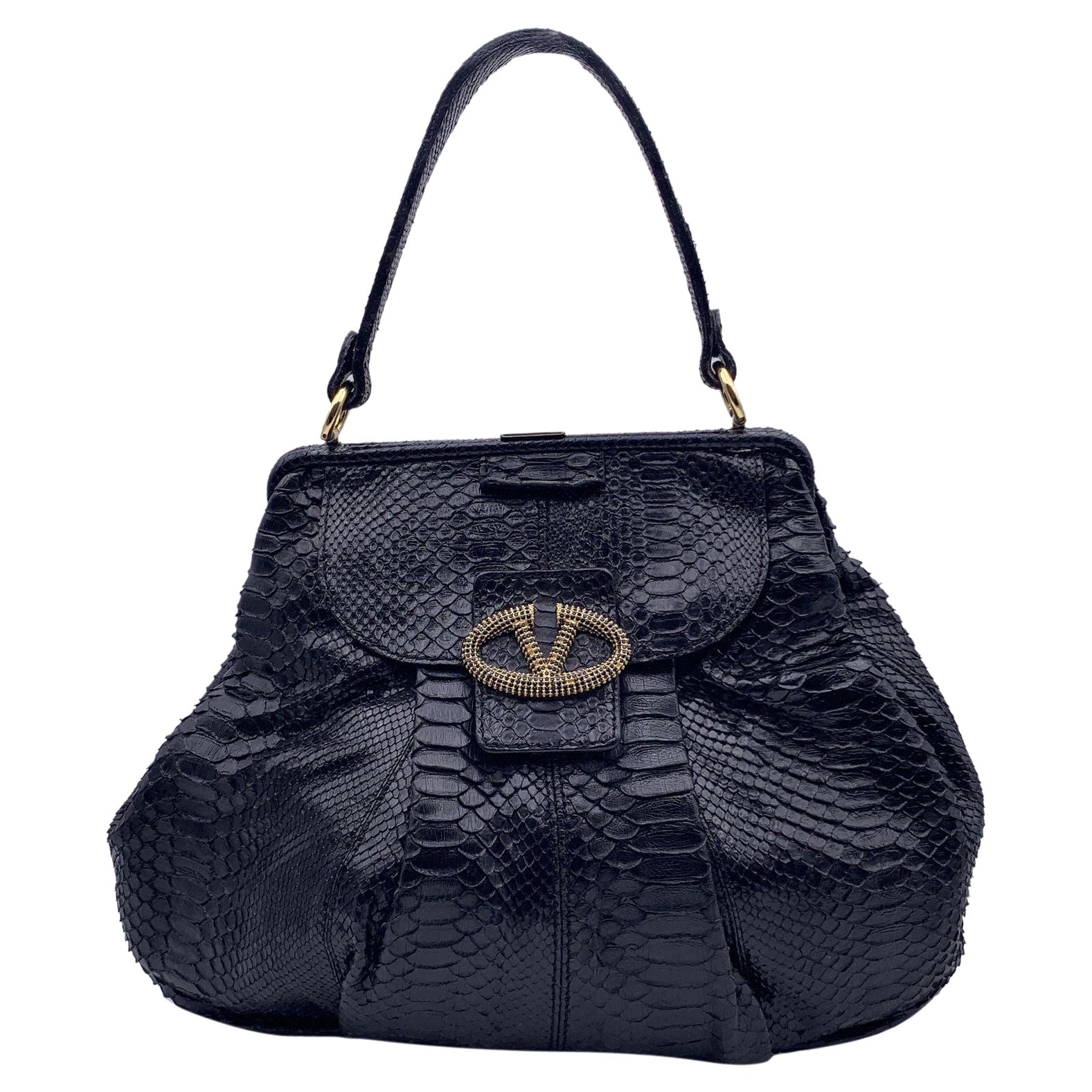 Valentino Garavani Vintage Black Leather V Crystal Logo Large Tote For Sale