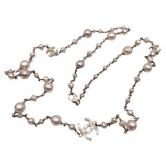 Chanel Light Gold Metal Long Necklace CC Logo Baroque Pearls Beads