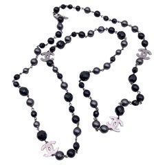 Chanel Gunmetal Long Necklace CC Logo Grey Pearls Black Beads