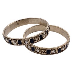 Chanel Set of 2 Gold Metal Black Enamel Pearls Cuff Bangle Bracelets
